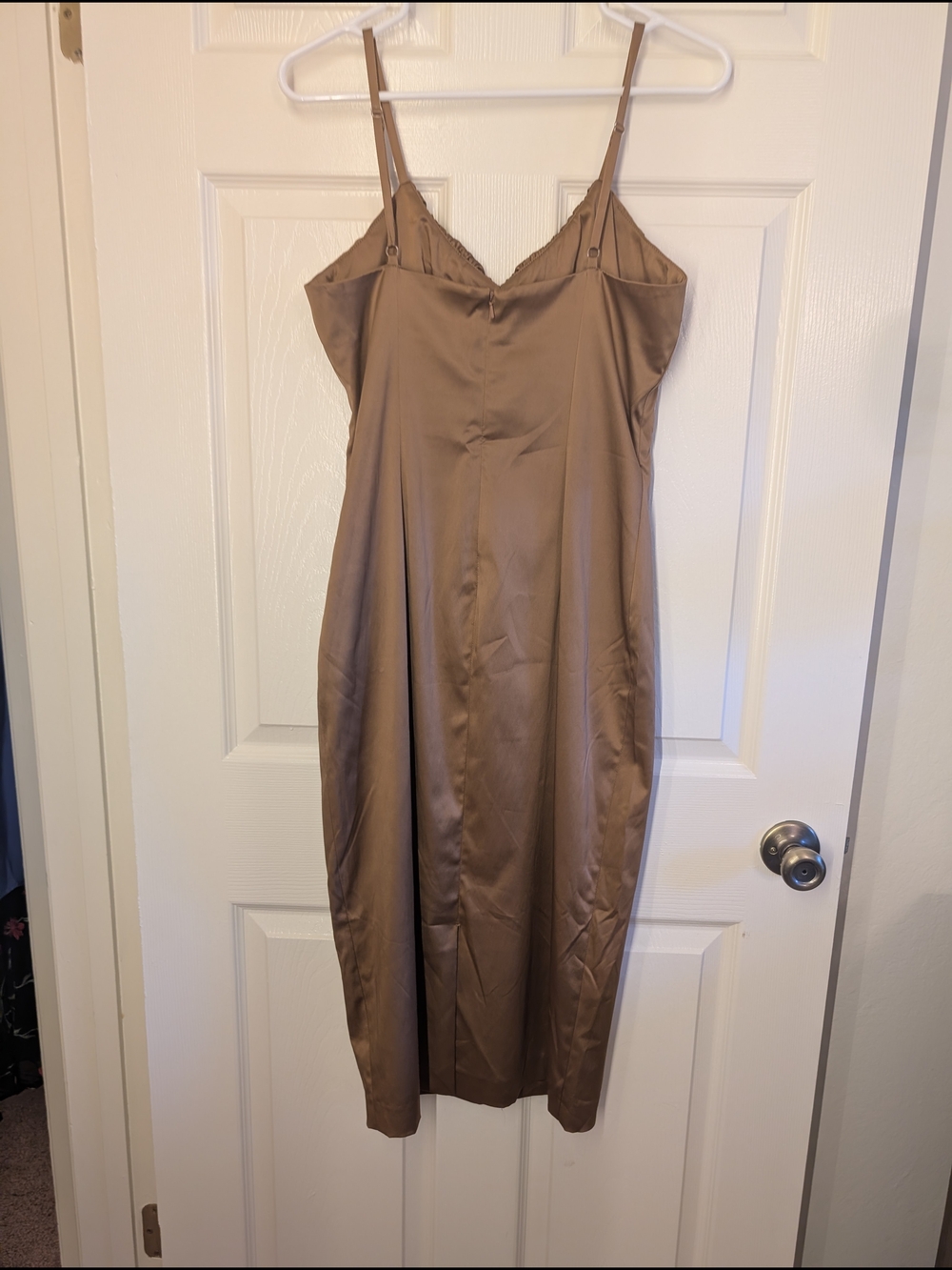 Brown Satin Midi Slip Dress with Pink Floral Embroidery - Picture 5 of 10